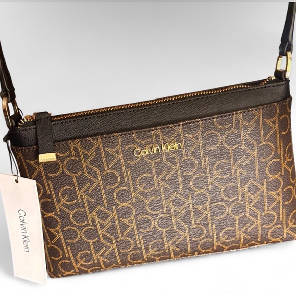 Calvin Klein Handbags - Calvin Klein Logo Patterned Brown Crossbody Bag
